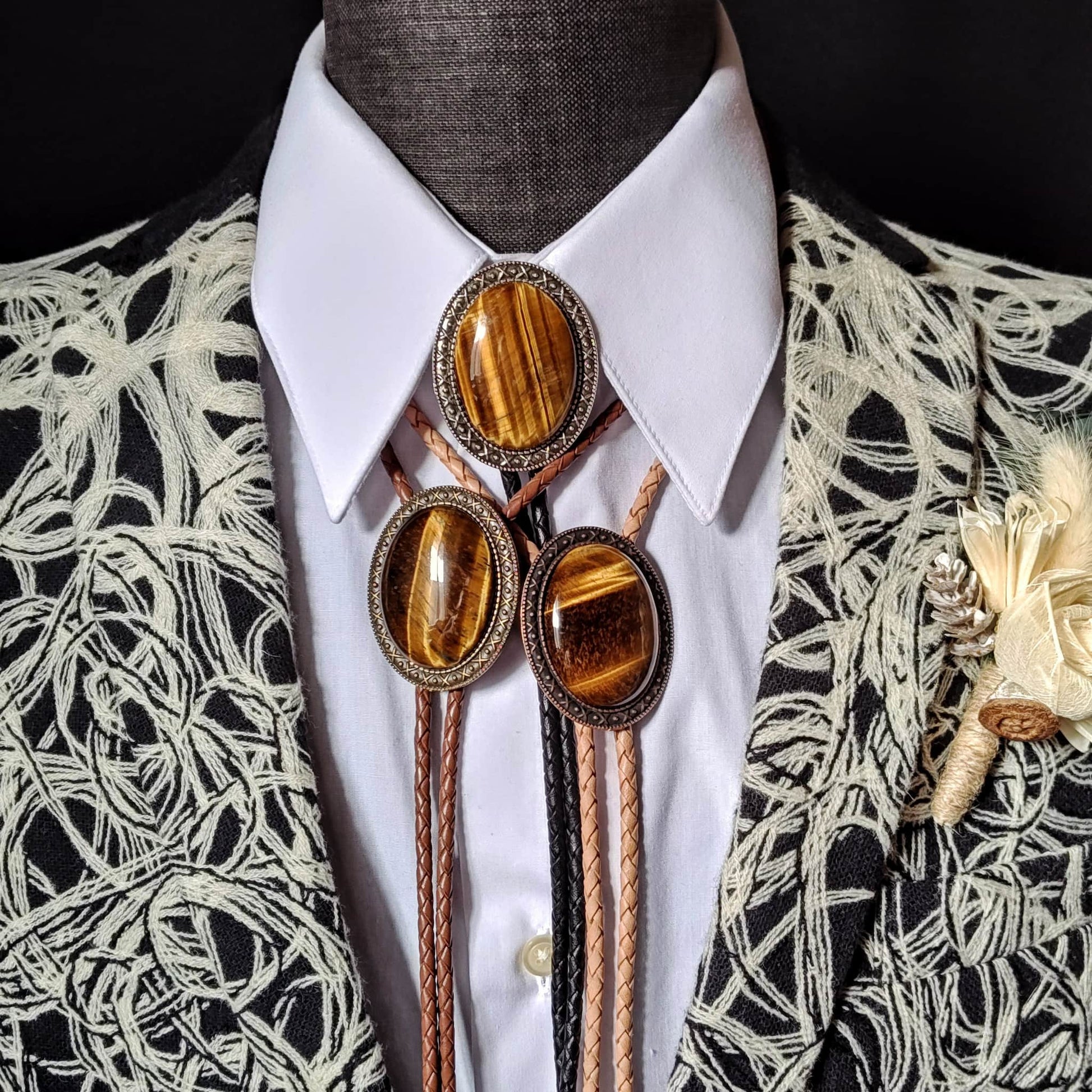 Yellowstone Bolo Tie with Brown Tiger's Eye Jasper Gold, Silver or Copper - Folks On The Edge