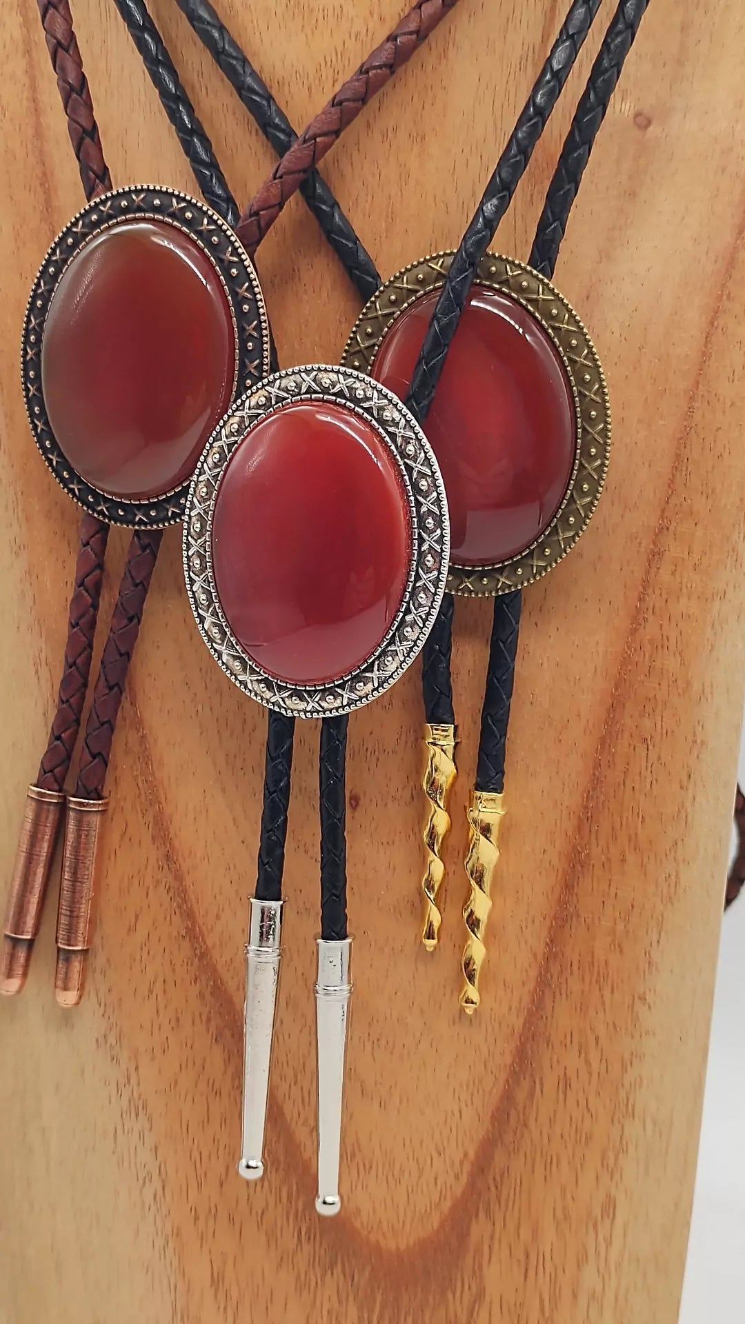 Yellowstone Bolo Tie with Carnelian Agate Stone in Gold, Silver or Copper - Folks On The Edge