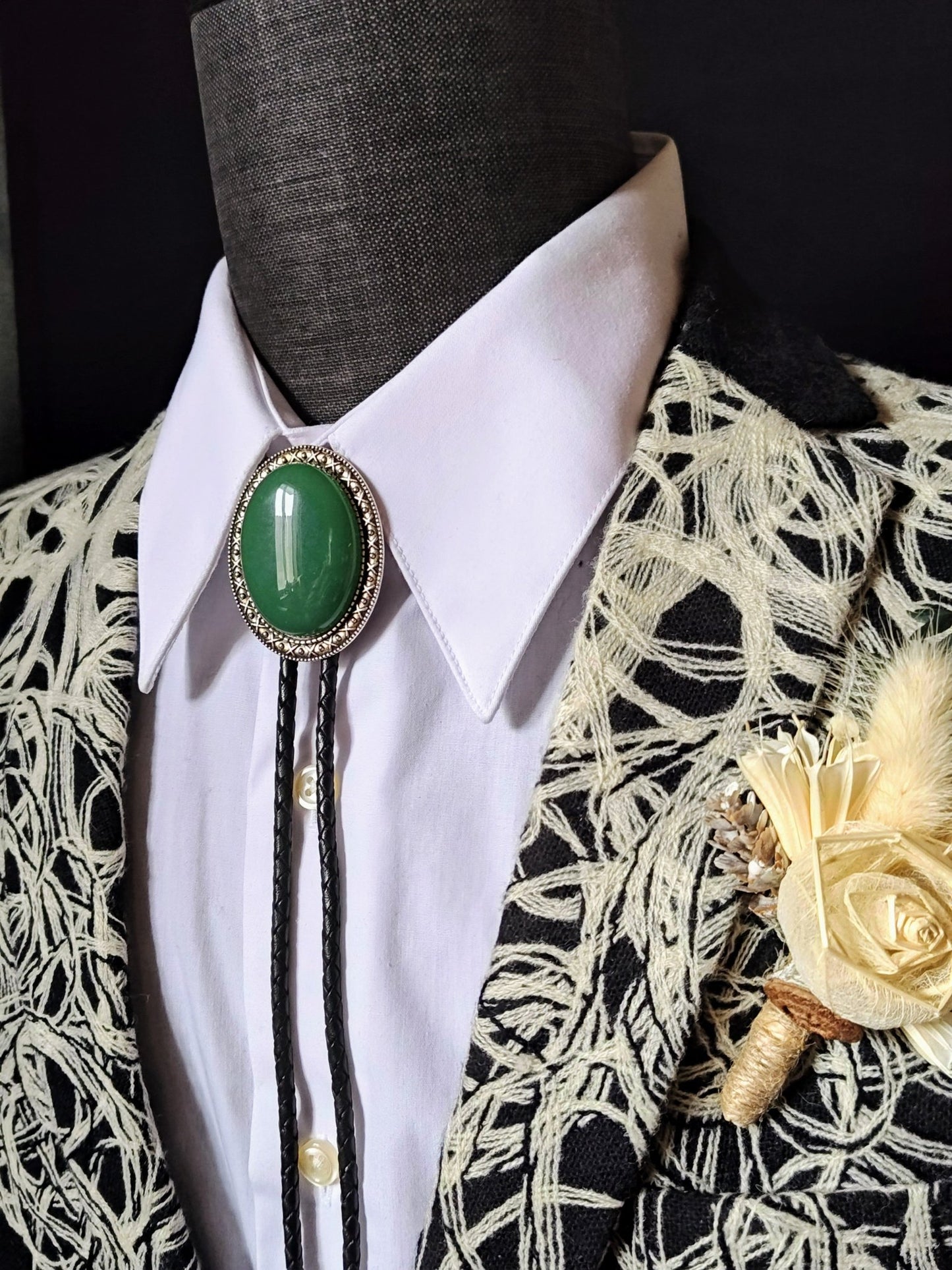 Yellowstone Bolo Tie with Green Aventurine Stone in Gold, Silver or Copper Setting - Folks On The Edge