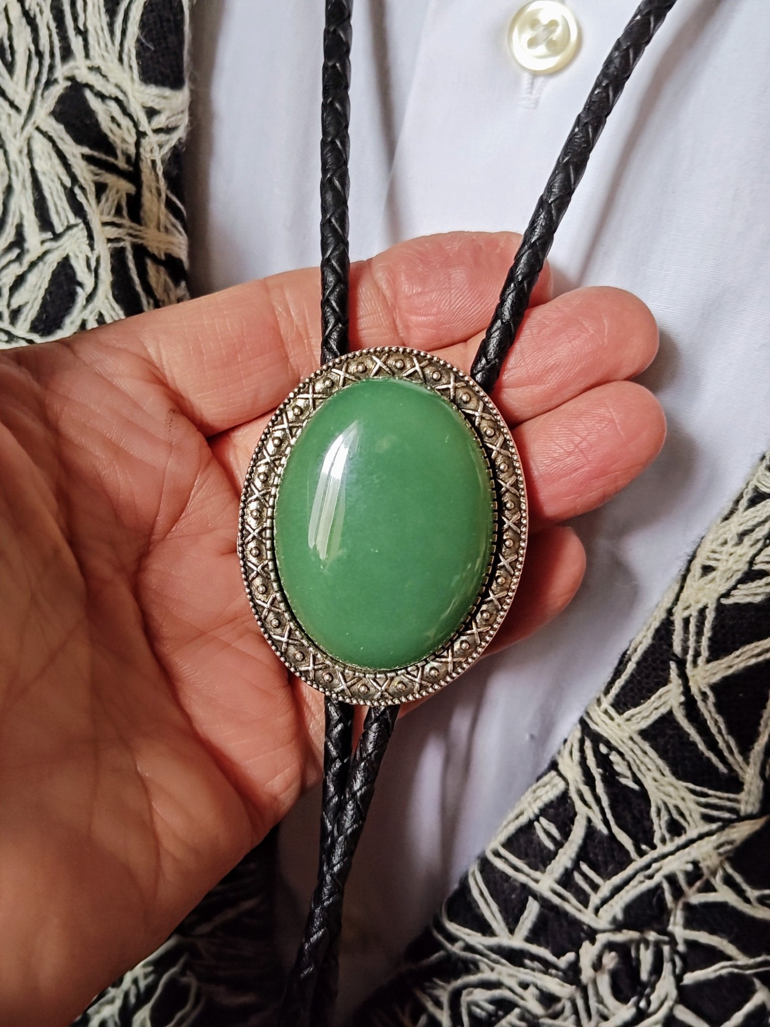 Yellowstone Bolo Tie with Green Aventurine Stone in Gold, Silver or Copper Setting - Folks On The Edge