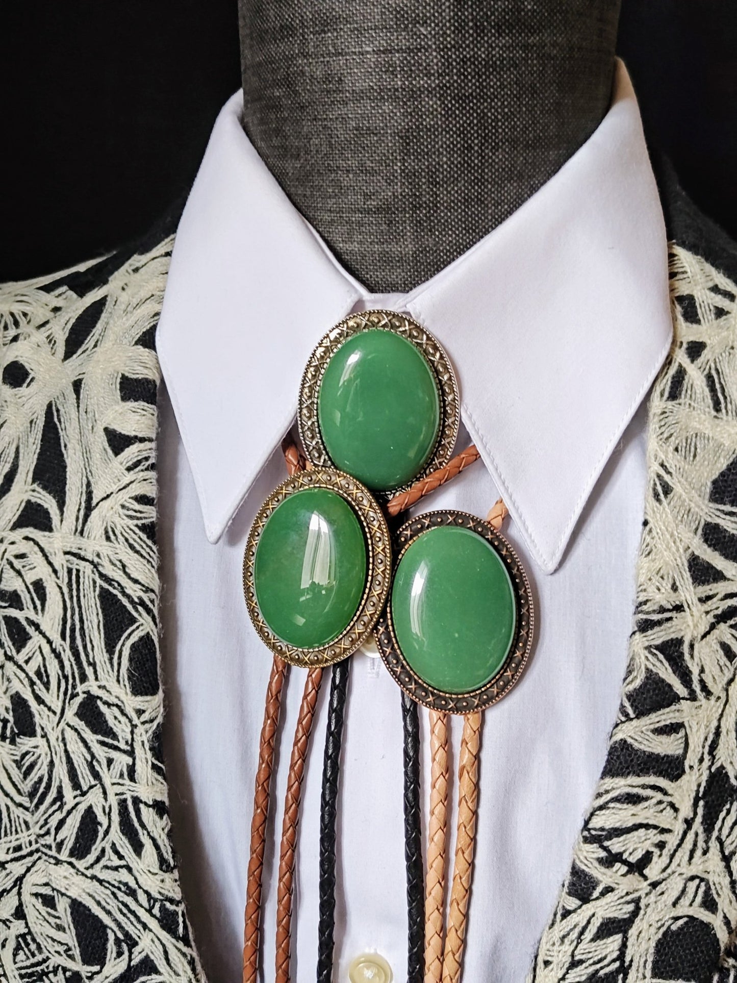 Yellowstone Bolo Tie with Green Aventurine Stone in Gold, Silver or Copper Setting - Folks On The Edge