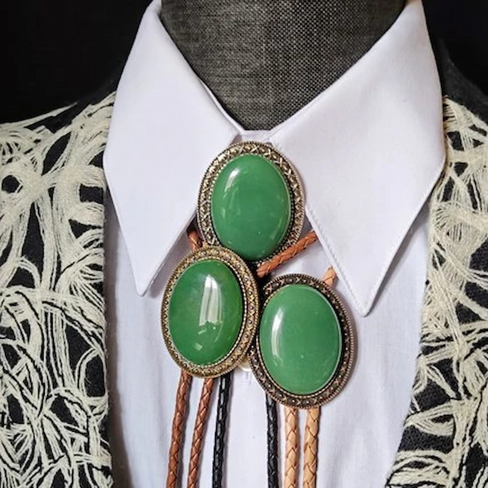 Yellowstone Bolo Tie with Green Aventurine Stone in Gold, Silver or Copper Setting - Folks On The Edge