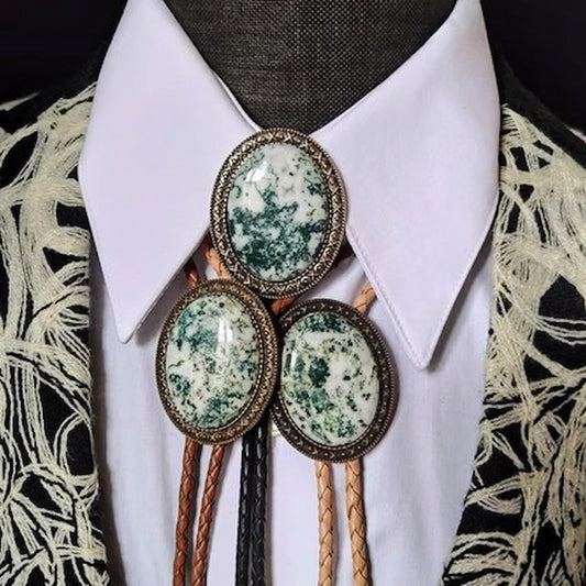 Yellowstone Bolo Tie with Green Tree Agate Stone, Gold, Silver or Copper - Folks On The Edge