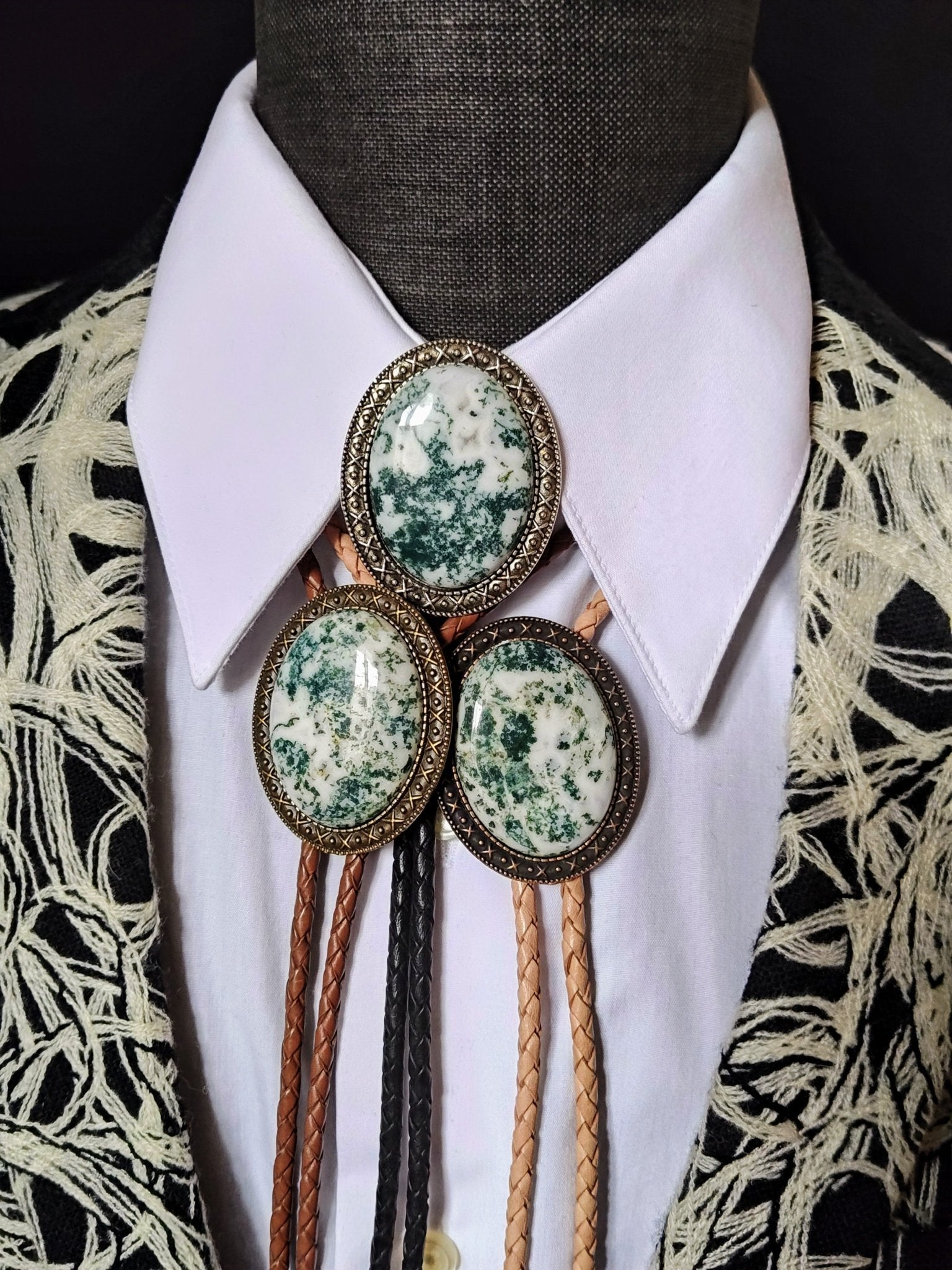 Yellowstone Bolo Tie with Green Tree Agate Stone, Gold, Silver or Copper - Folks On The Edge