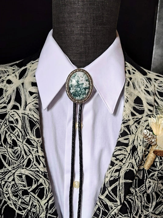 Yellowstone Bolo Tie with Green Tree Agate Stone, Gold, Silver or Copper - Folks On The Edge