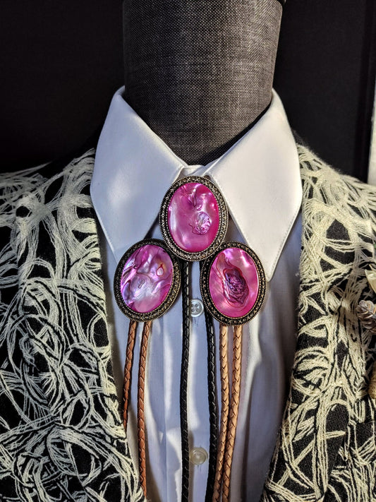Yellowstone Bolo Tie with Hot Pink Abalone Cabochons in Gold, Silver or Copper - Folks On The Edge