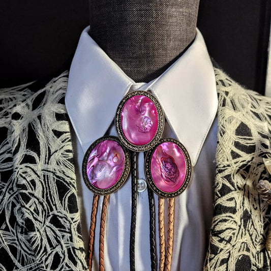 Yellowstone Bolo Tie with Hot Pink Abalone Cabochons in Gold, Silver or Copper - Folks On The Edge