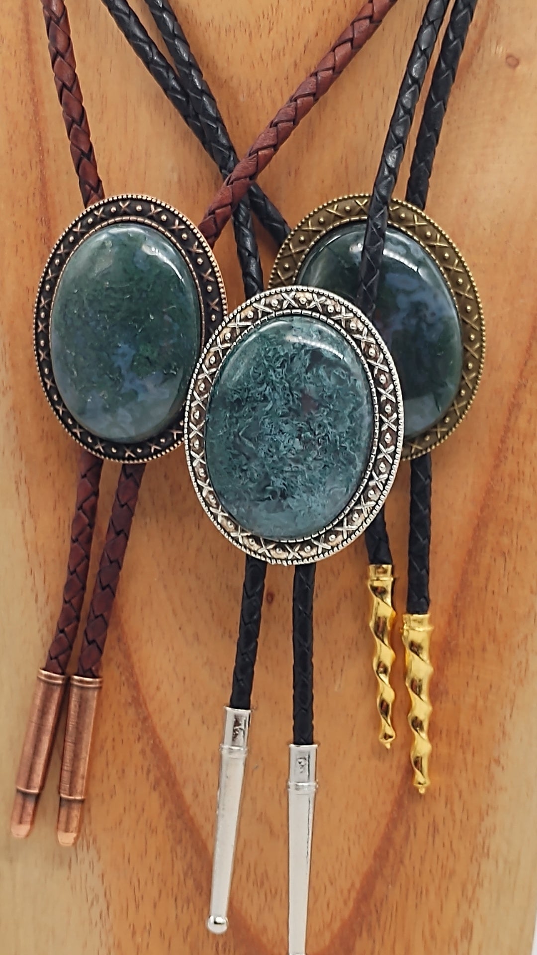 Yellowstone Bolo Tie with Moss Agate Stone in Gold, Silver or Copper Setting - Folks On The Edge