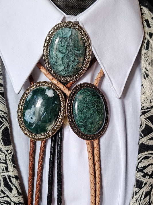 Yellowstone Bolo Tie with Moss Agate Stone in Gold, Silver or Copper Setting - Folks On The Edge