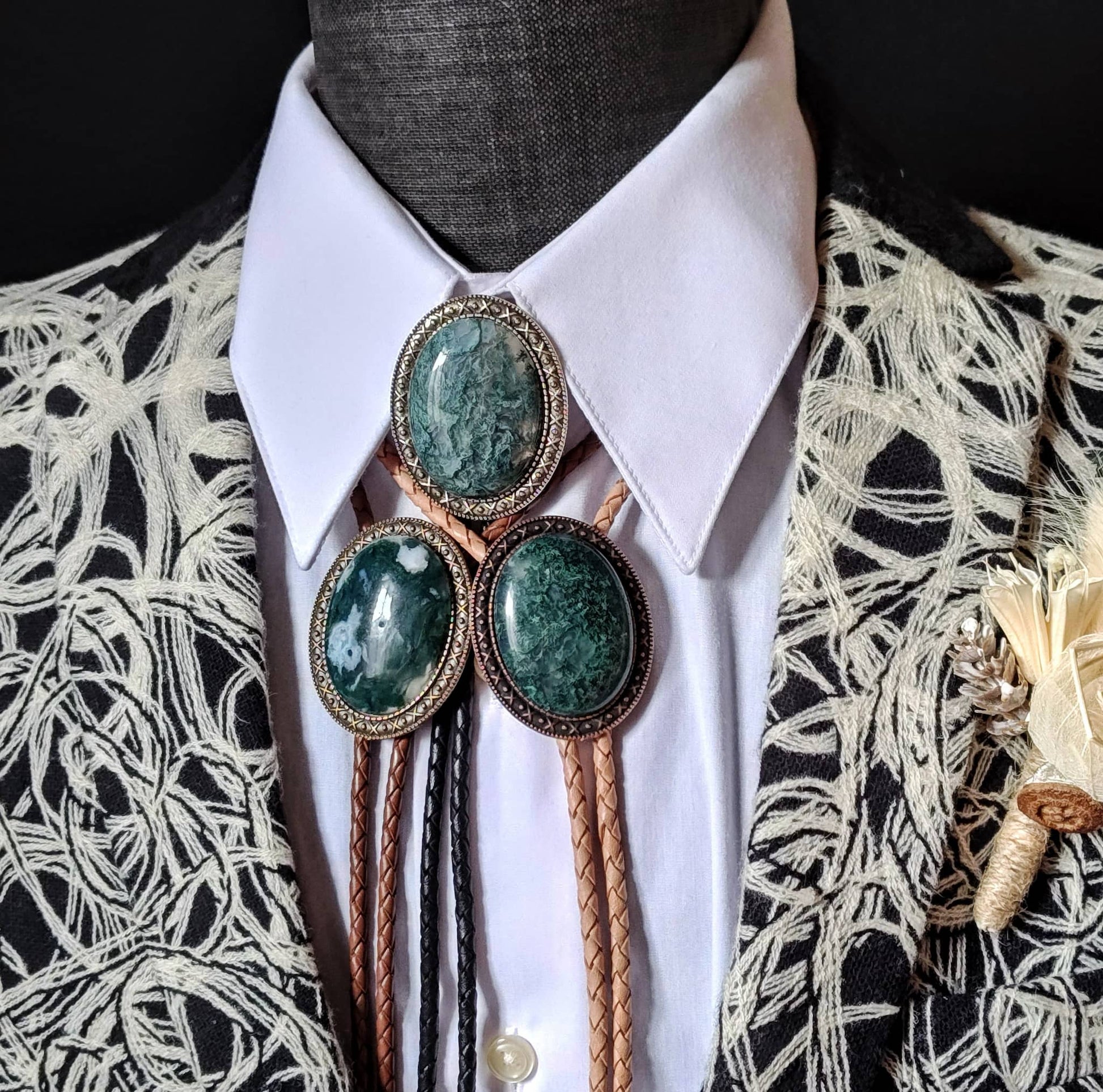 Yellowstone Bolo Tie with Moss Agate Stone in Gold, Silver or Copper Setting - Folks On The Edge