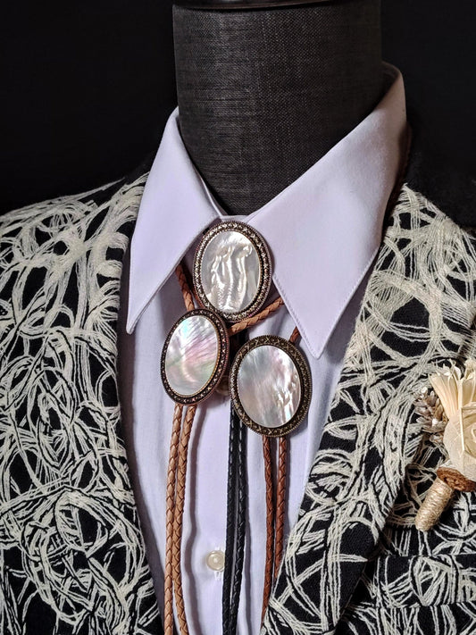 Yellowstone Bolo Tie with Mother Of Pearl Stone in Gold, Silver or Copper colors - Folks On The Edge