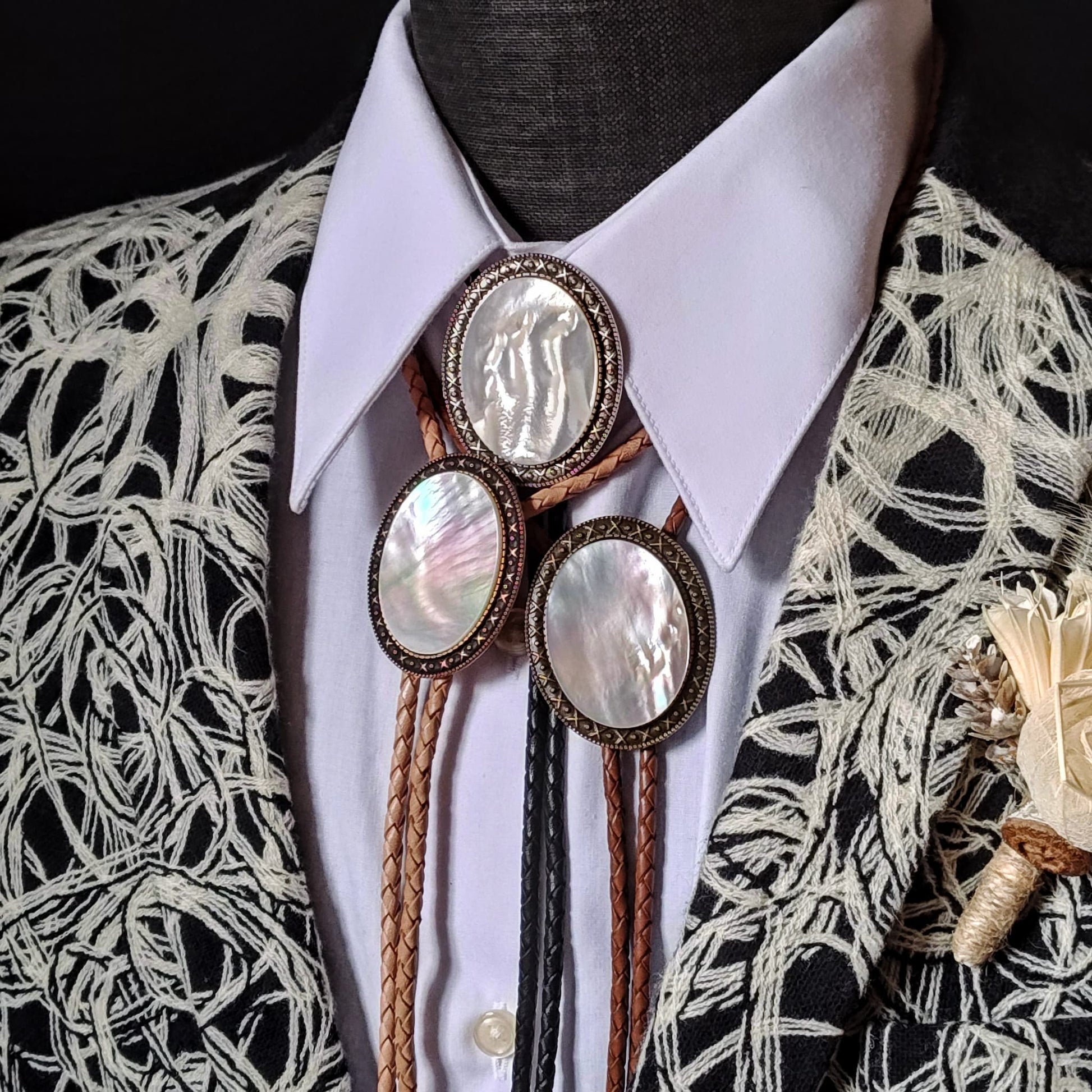 Yellowstone Bolo Tie with Mother Of Pearl Stone in Gold, Silver or Copper colors - Folks On The Edge