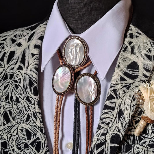 Yellowstone Bolo Tie with Mother Of Pearl Stone in Gold, Silver or Copper colors - Folks On The Edge