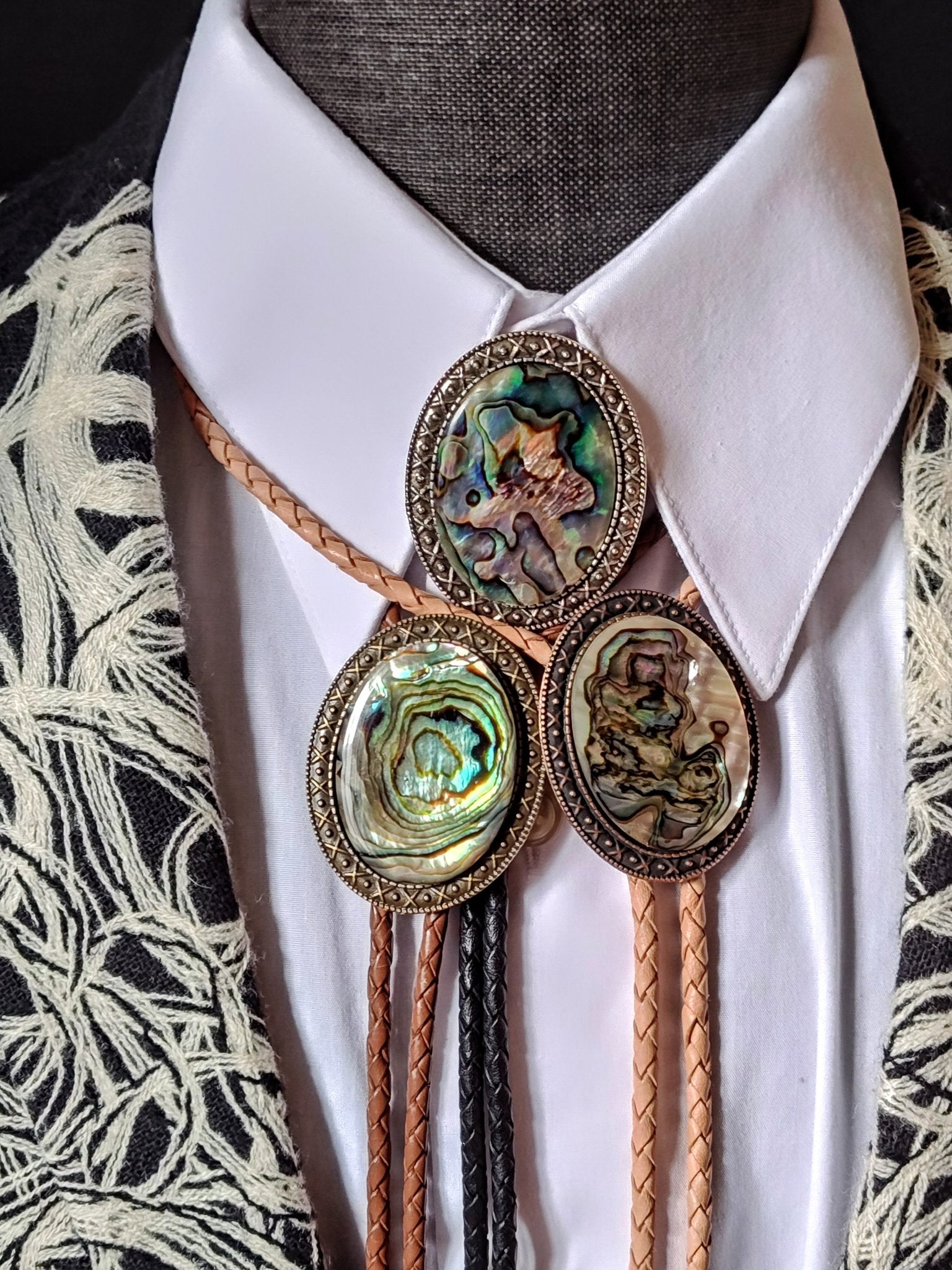 Yellowstone Bolo Tie with Natural Abalone Cabochons in Gold, Silver or Copper colors - Folks On The Edge