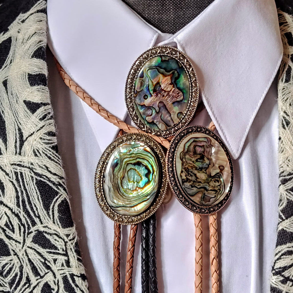 Yellowstone Bolo Tie with Natural Abalone Cabochons in Gold, Silver or Copper colors - Folks On The Edge