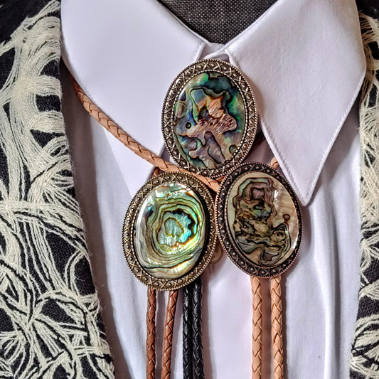 Yellowstone Bolo Tie with Natural Abalone Cabochons in Gold, Silver or Copper colors - Folks On The Edge