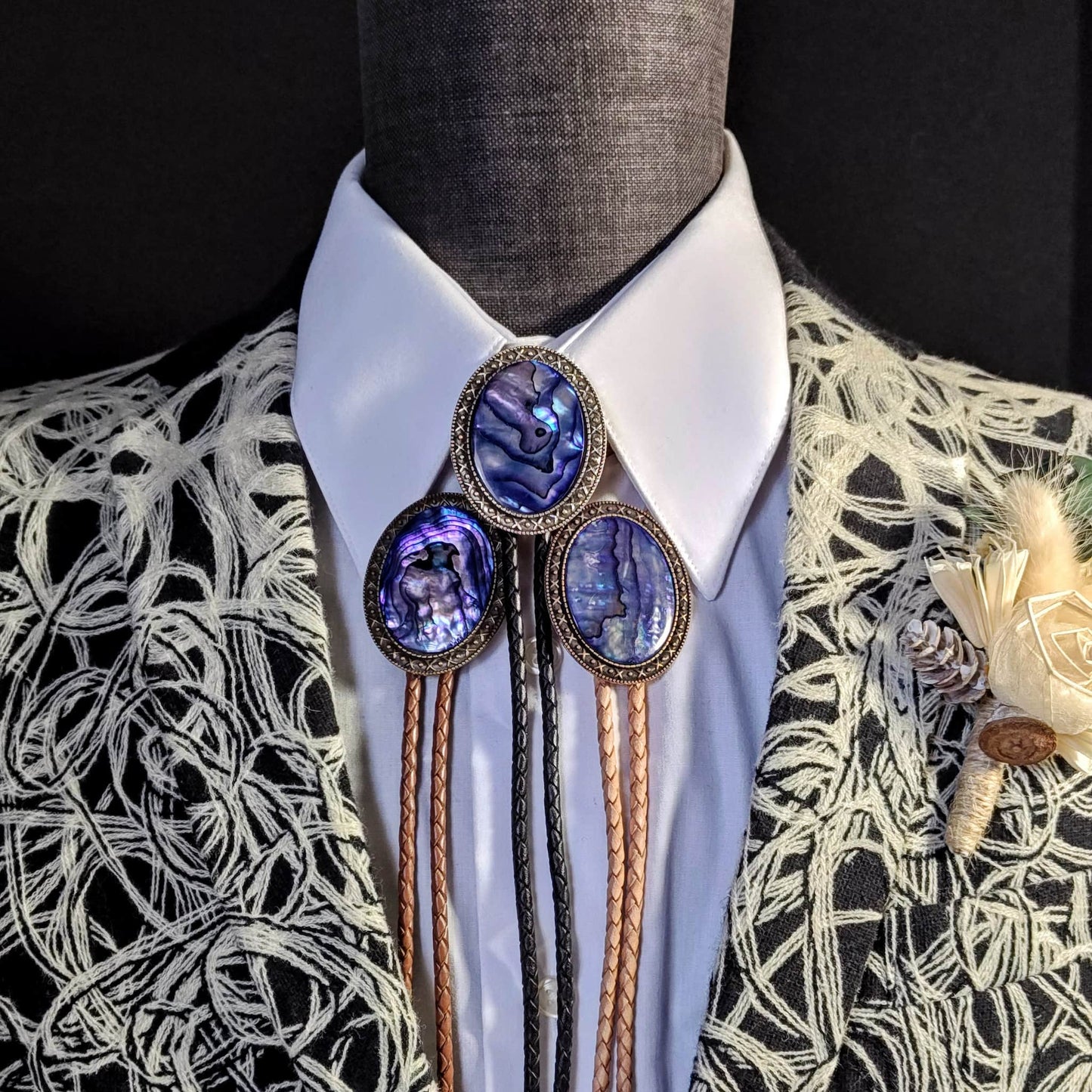 Yellowstone Bolo Tie with Purple Abalone Cabochons in Gold, Silver or Copper - Folks On The Edge