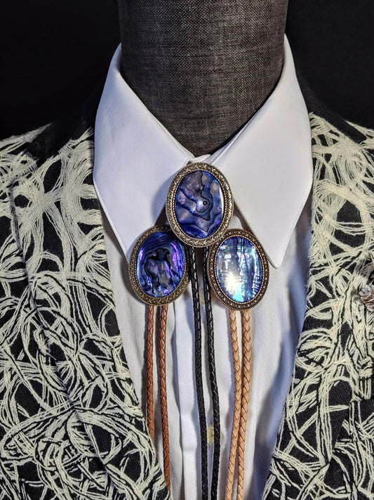 Yellowstone Bolo Tie with Purple Abalone Cabochons in Gold, Silver or Copper - Folks On The Edge