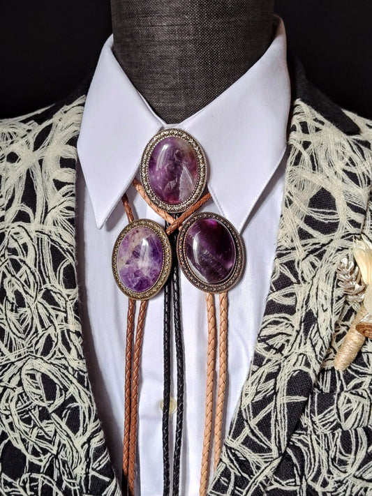 Yellowstone Bolo Tie with Purple Amethyst in Gold, Silver or Copper Setting - Folks On The Edge