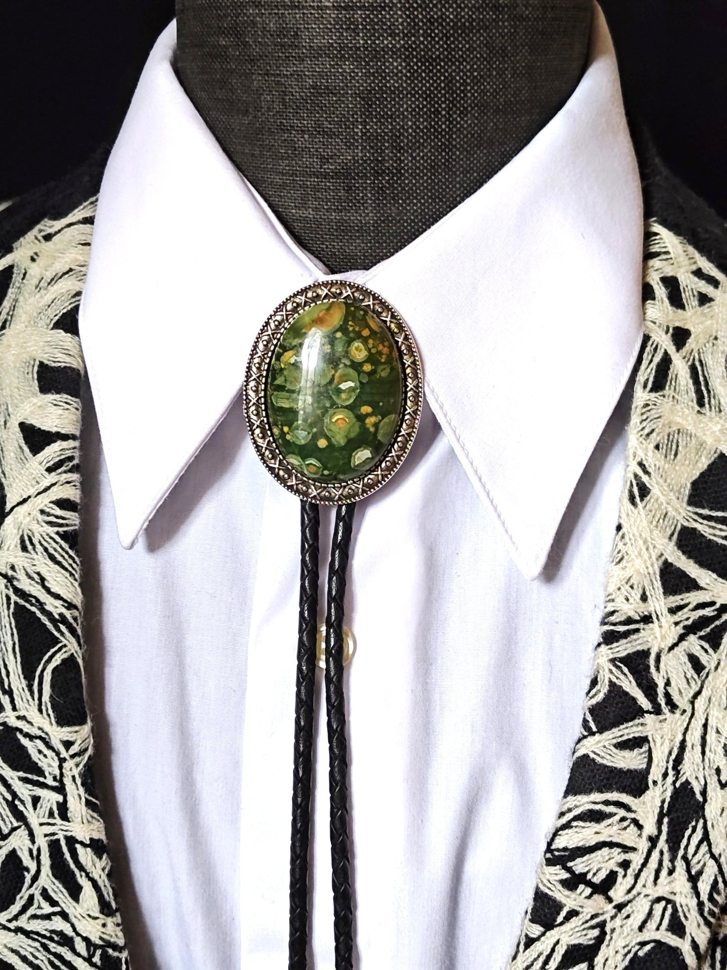 Yellowstone Bolo Tie with Rainforest Jasper Stone in Gold, Silver or Copper colors - Folks On The Edge