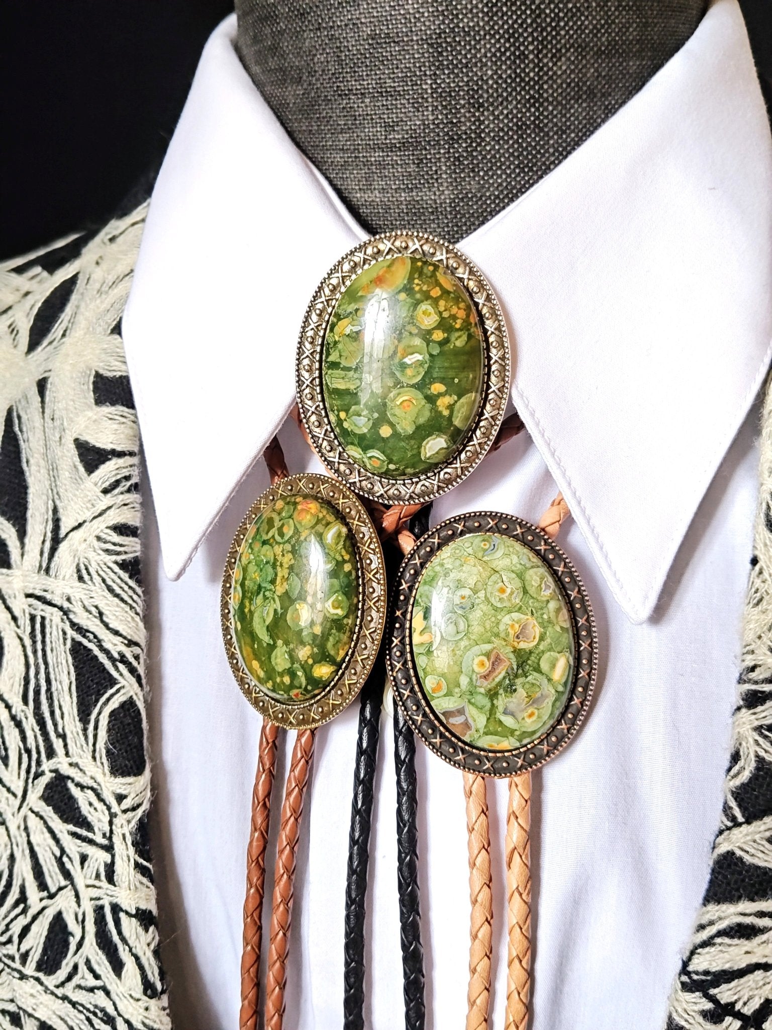 Yellowstone Bolo Tie with Rainforest Jasper Stone in Gold, Silver or Copper colors - Folks On The Edge