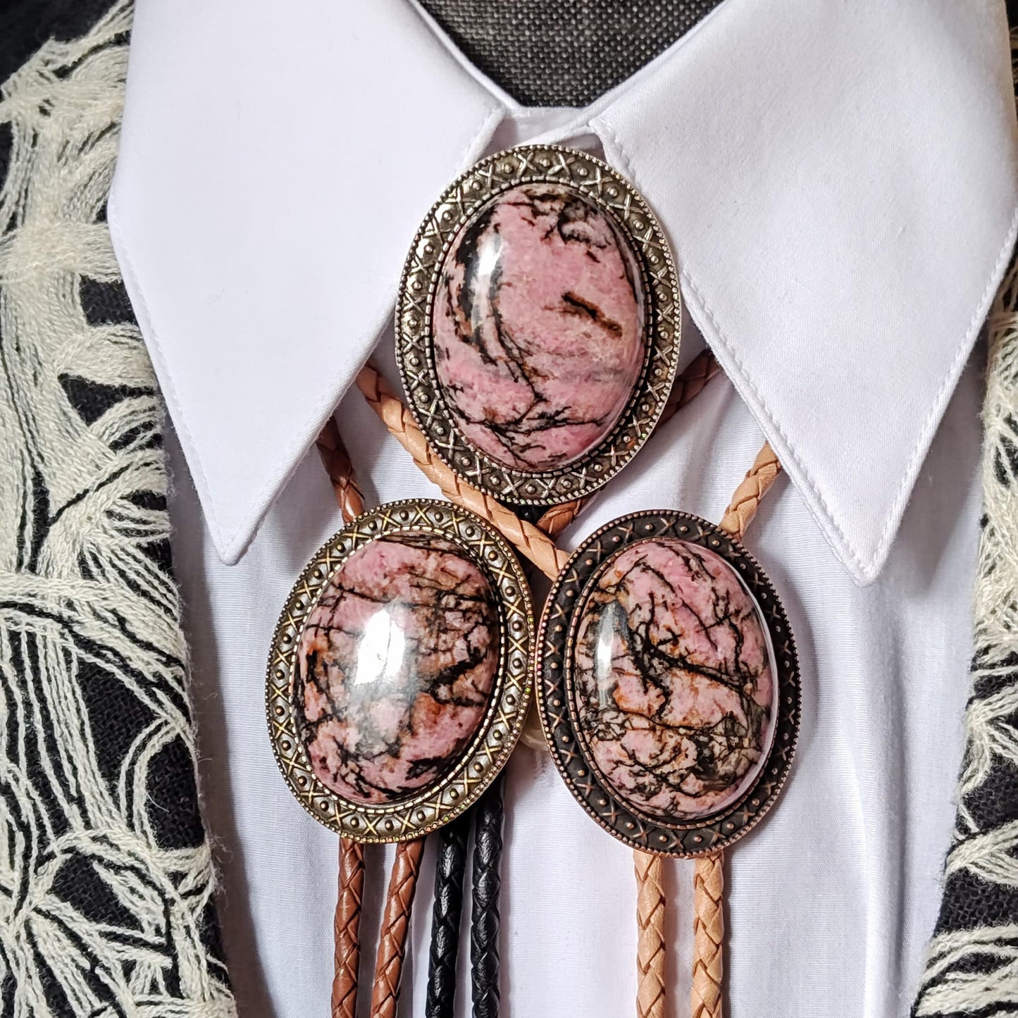 Yellowstone Bolo Tie with Rhodonite Stone in Gold, Silver or Copper Setting - Folks On The Edge