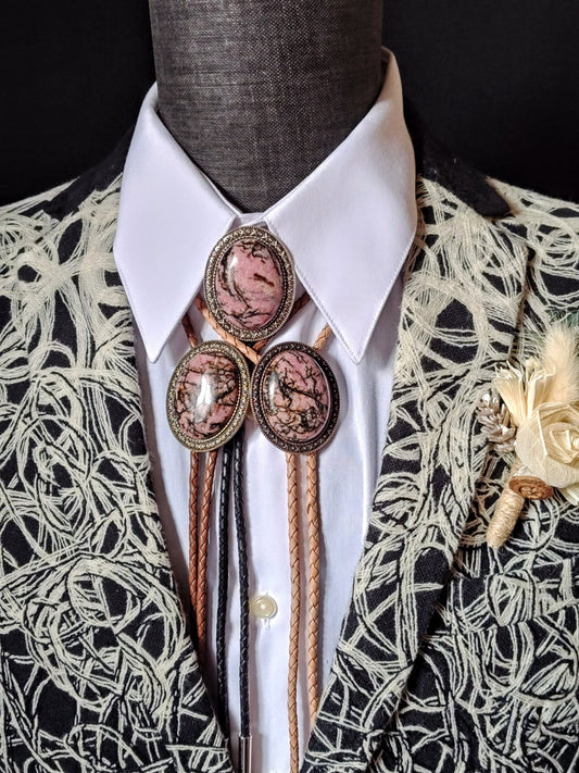 Yellowstone Bolo Tie with Rhodonite Stone in Gold, Silver or Copper Setting - Folks On The Edge