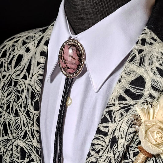Yellowstone Bolo Tie with Rhodonite Stone in Gold, Silver or Copper Setting - Folks On The Edge