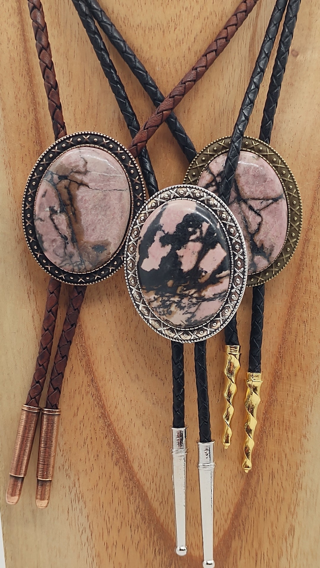 Yellowstone Bolo Tie with Rhodonite Stone in Gold, Silver or Copper Setting - Folks On The Edge