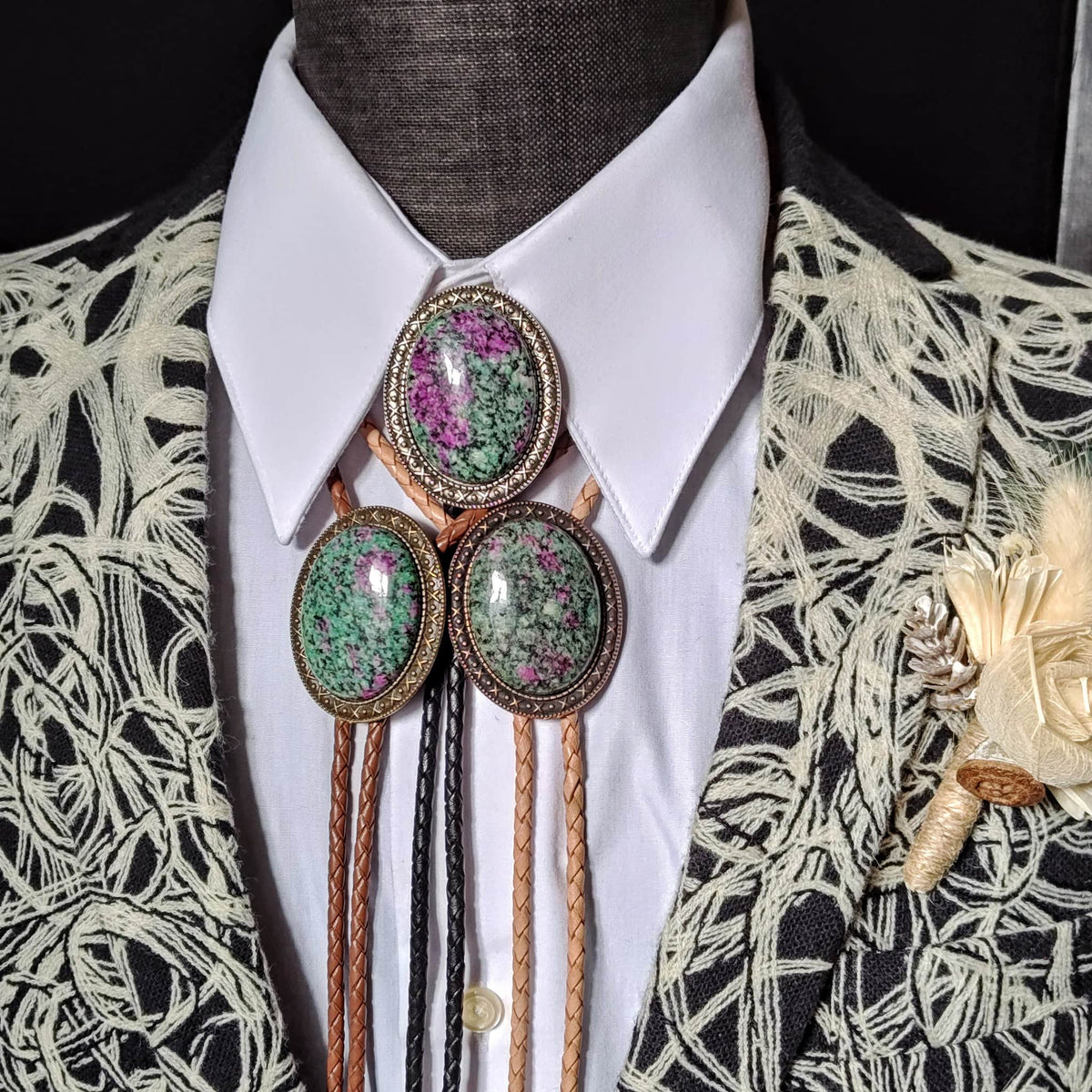 Yellowstone Bolo Tie with Ruby Zoisite Stone in Gold, Silver or Copper - Folks On The Edge