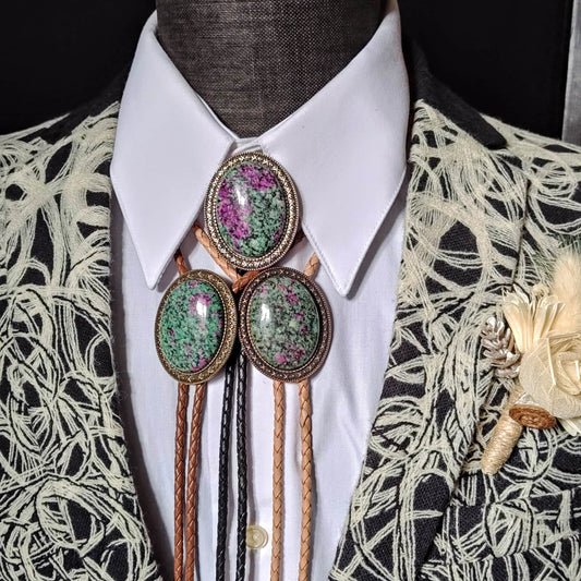 Yellowstone Bolo Tie with Ruby Zoisite Stone in Gold, Silver or Copper - Folks On The Edge