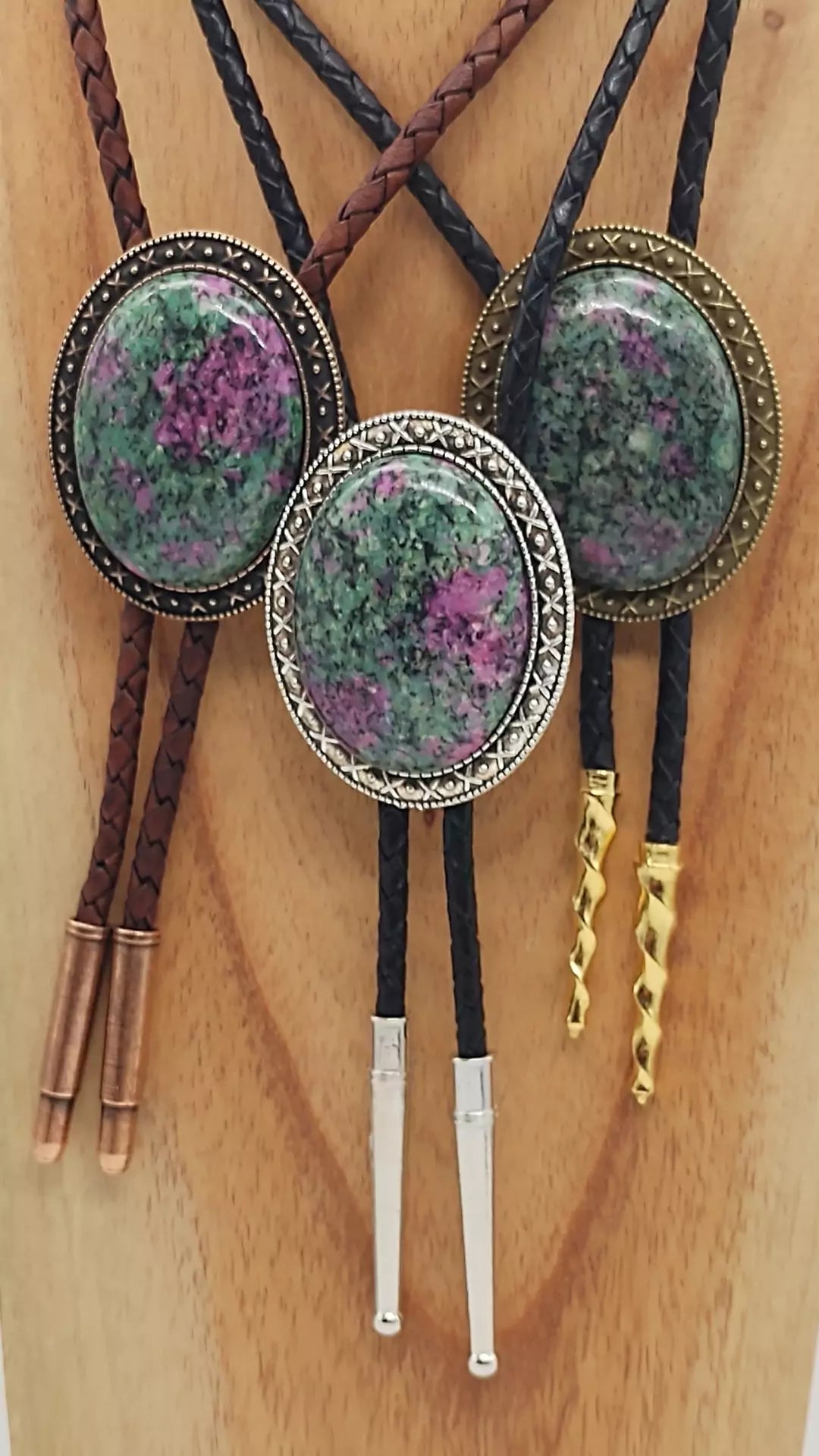 Yellowstone Bolo Tie with Ruby Zoisite Stone in Gold, Silver or Copper - Folks On The Edge
