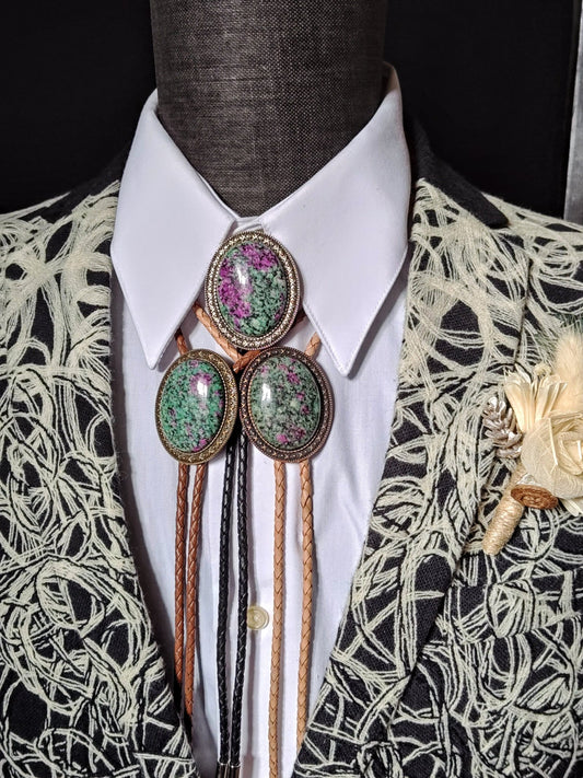 Yellowstone Bolo Tie with Ruby Zoisite Stone in Gold, Silver or Copper - Folks On The Edge