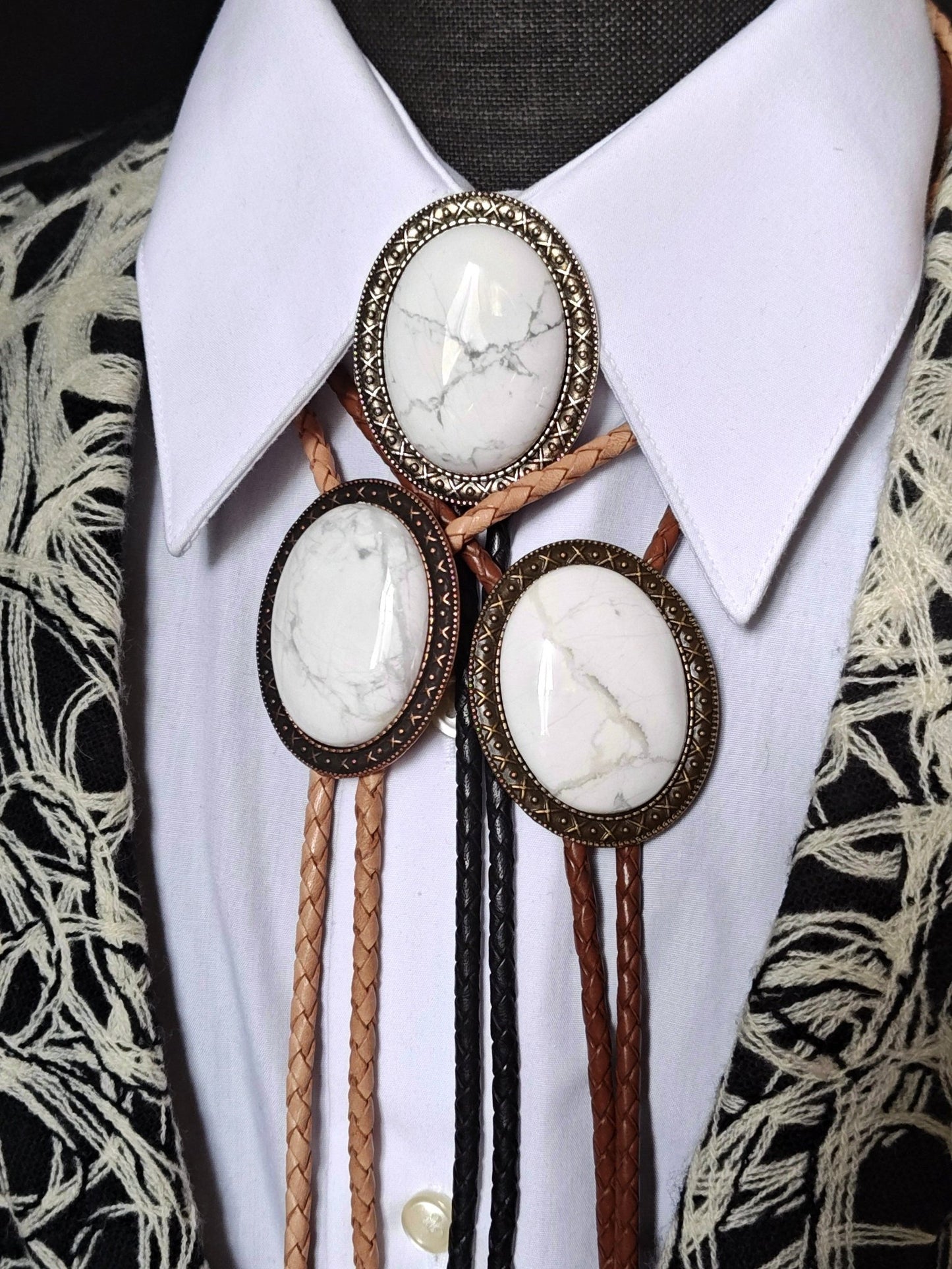 Yellowstone Bolo Tie with White Howlite Stone in Gold, Silver or Copper Setting - Folks On The Edge