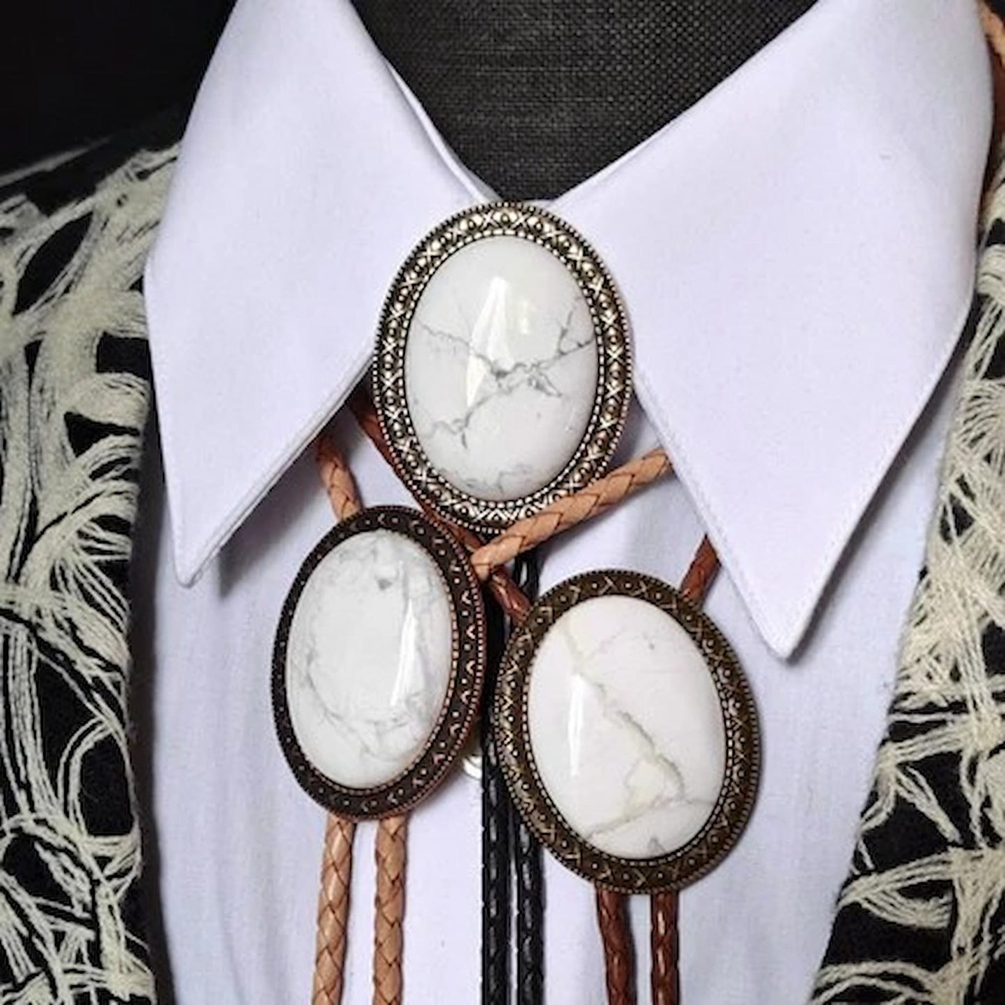 Yellowstone Bolo Tie with White Howlite Stone in Gold, Silver or Copper Setting - Folks On The Edge