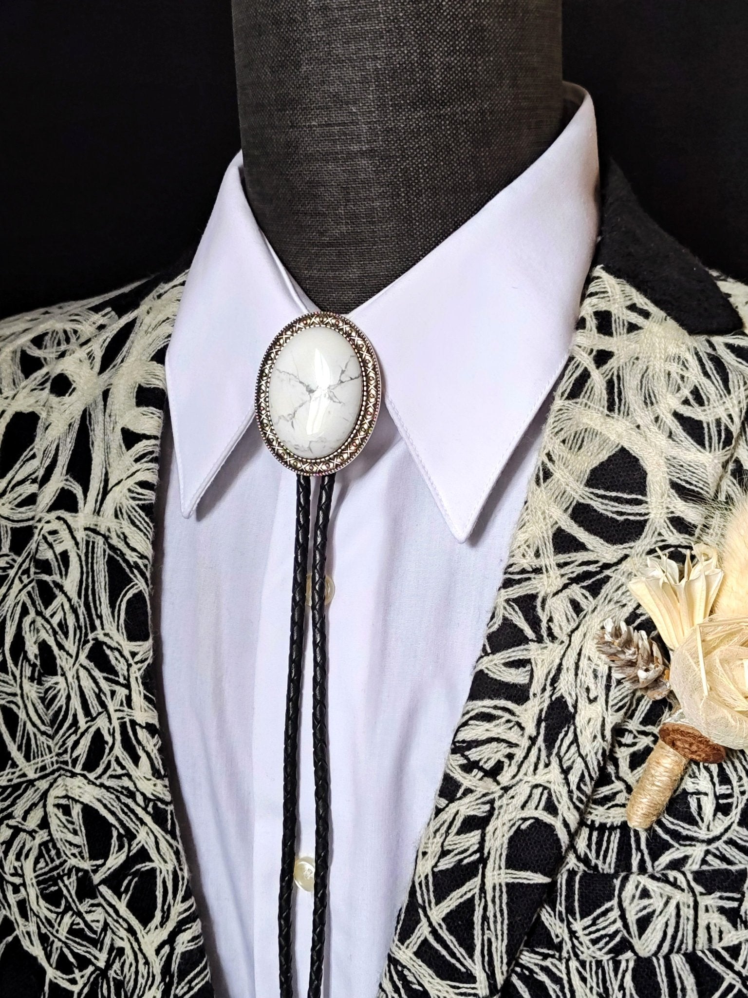 Yellowstone Bolo Tie with White Howlite Stone in Gold, Silver or Copper Setting - Folks On The Edge