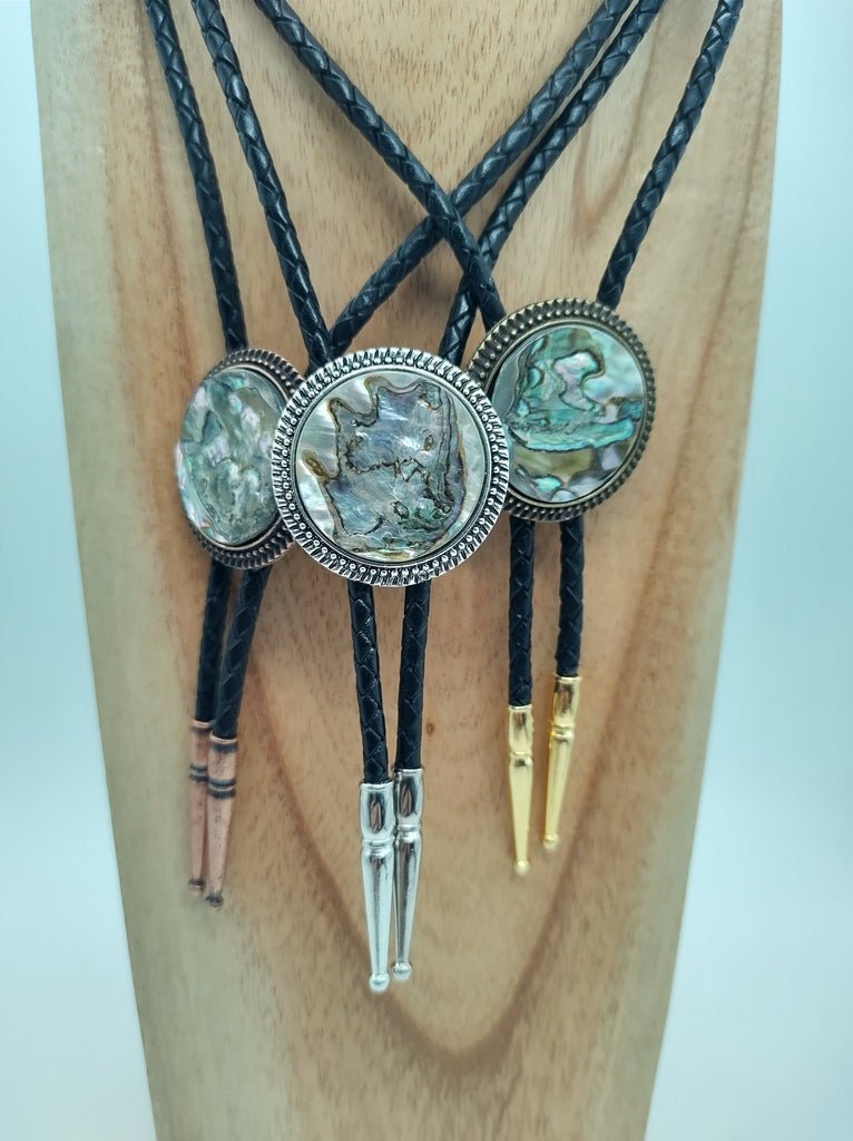 Bolo Tie with Abalone in Round Up Gold, Silver or Copper Setting - Folks On The Edge