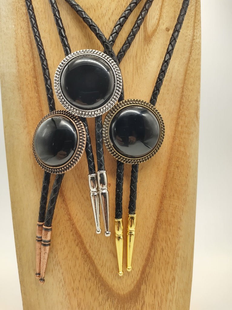 Bolo Tie with Black Onyx in Round Up Gold, Silver or Copper Setting - Folks On The Edge