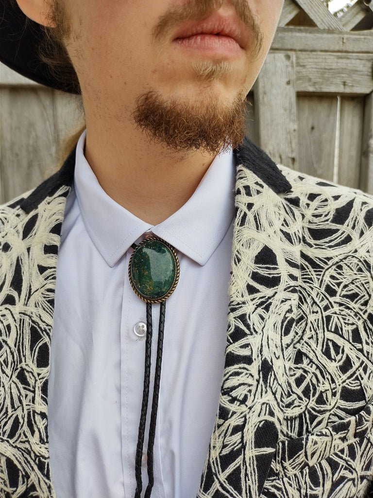 Bolo Tie with Bloodstone Jasper in Classic Rope Twist Gold or Silver Setting - Folks On The Edge