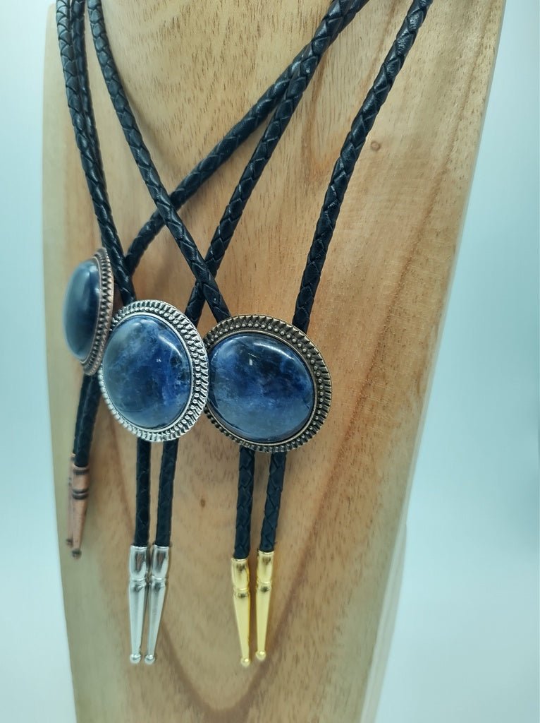 Bolo Tie with Blue Sodalite in Round Up Gold, Silver or Copper Setting - Folks On The Edge
