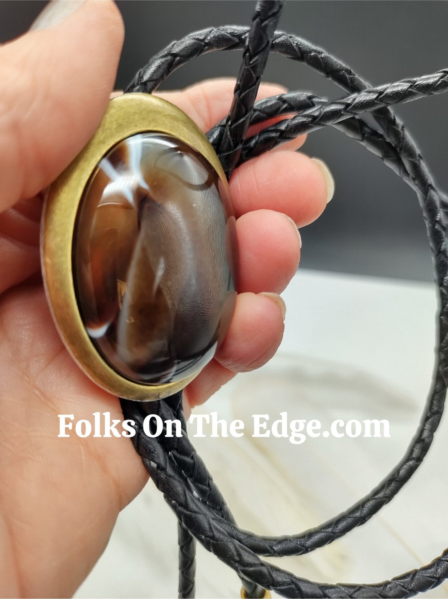 Bolo Tie with Brown Banded Agate in Simple Gold or Silver Setting - Folks On The Edge