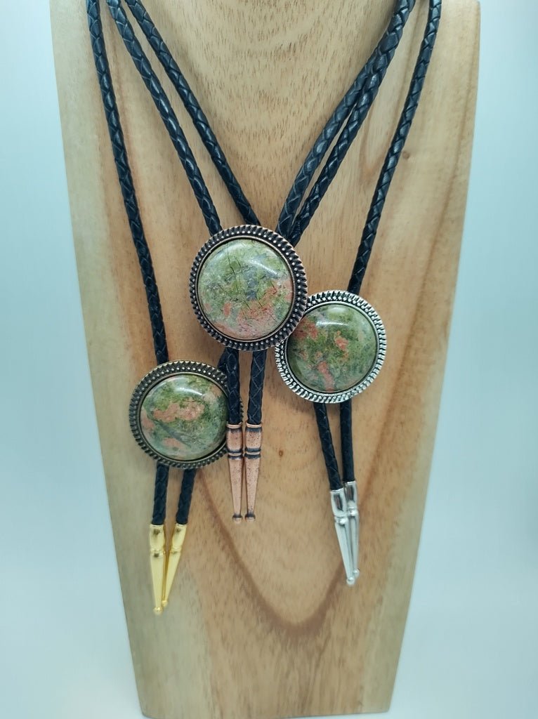 Bolo Tie with Epidote in Round Up Gold, Silver or Copper Setting - Folks On The Edge