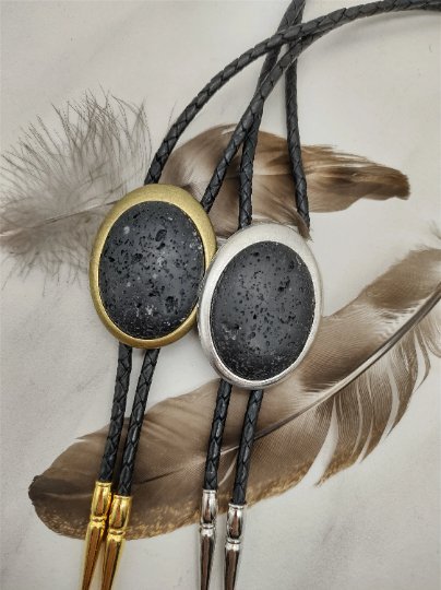 Bolo Tie with Lava Rock in Simple Gold or Silver Setting, Wedding   - Folks On The Edge