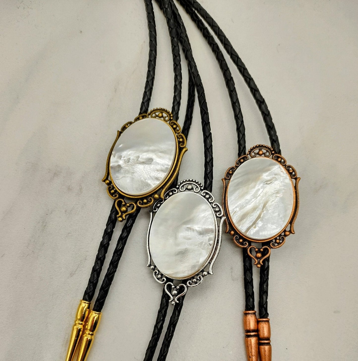 Bolo Tie with Mother of Pearl in Elegant Gold, Silver or Copper - Folks On The Edge
