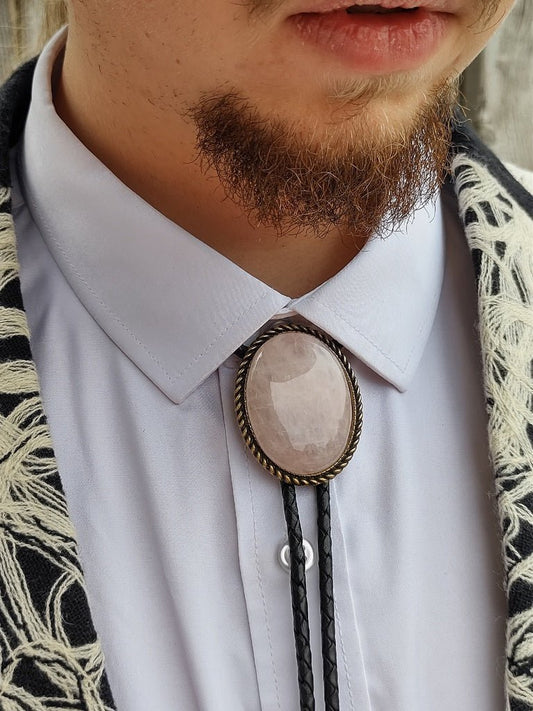 Bolo Tie with Pink Rose Quartz in Classic Setting for Weddings - Folks On The Edge