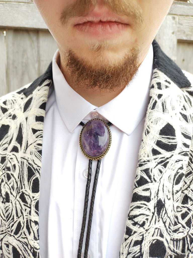 Bolo Tie with Purple Amethyst in Classic Rope Twist Gold or Silver Setting - Folks On The Edge