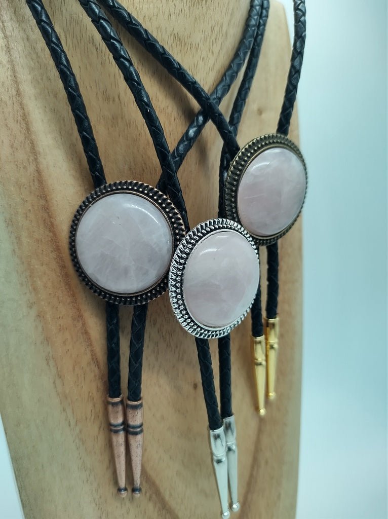 Bolo Tie with Rose Quartz in Round Up Gold, Silver or Copper Setting - Folks On The Edge
