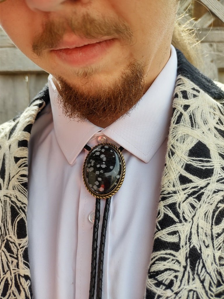 Bolo Tie with Snowflake Obsidian in Classic Rope Twist Gold or Silver Setting - Folks On The Edge