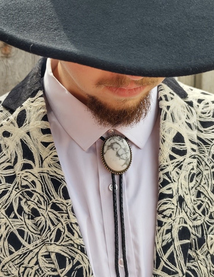 Bolo Tie with White Howlite in Classic Rope Twist Gold or Silver Setting - Folks On The Edge