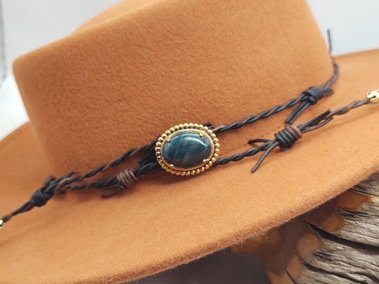 Cowboy Hat Band with Bloodstone Jasper on Barbed Wire Leather - Folks On The Edge